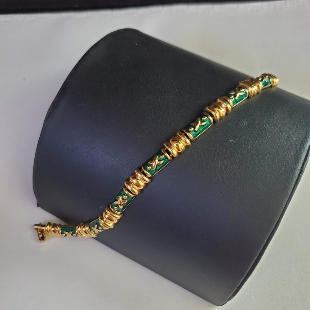 Joan Rivers Gold Tone Green Enamel X Link Bracelet Vintage Designer Jewelry